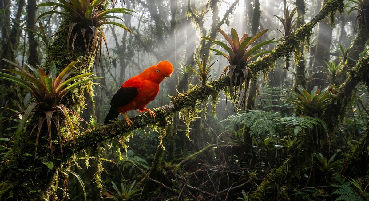 Vibrant orange Andean cock-of-the-rock bird