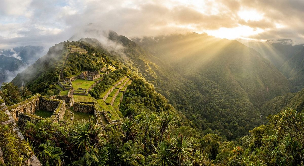 Choquequirao ruins on a mountain ridge