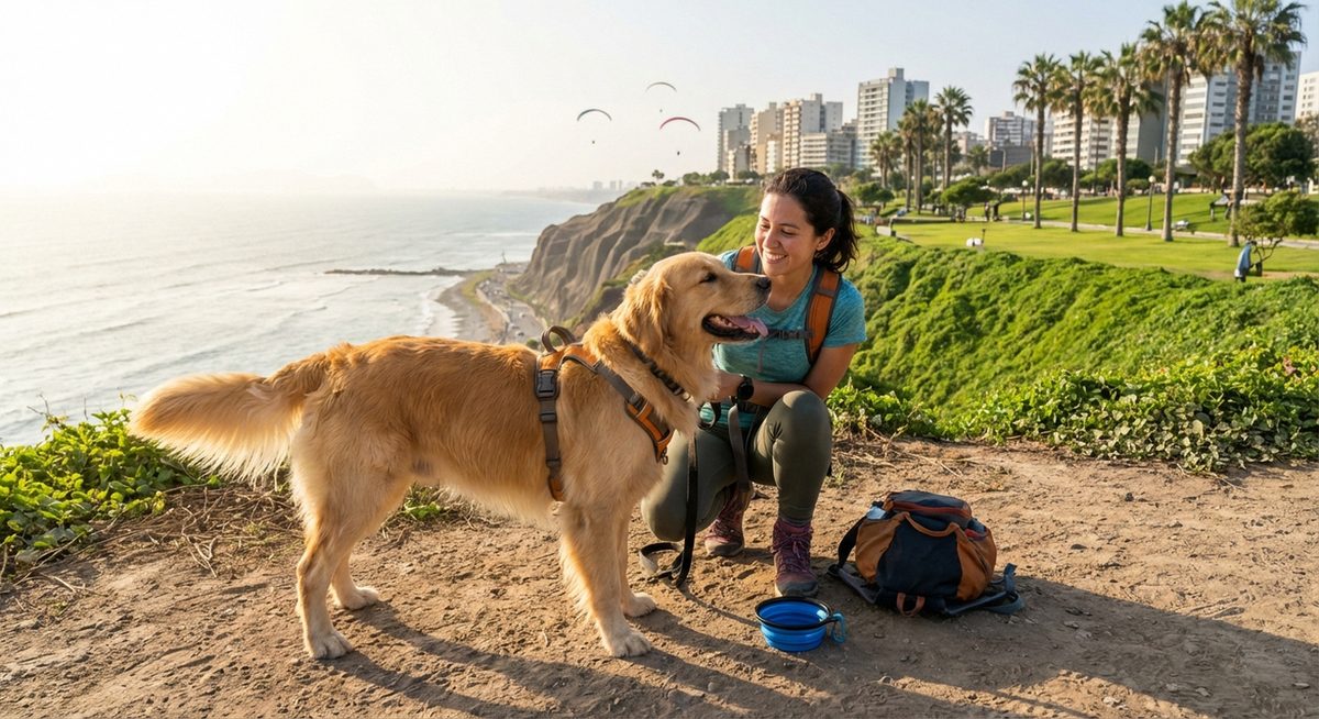Traveler with dog at a Peruvian landmark