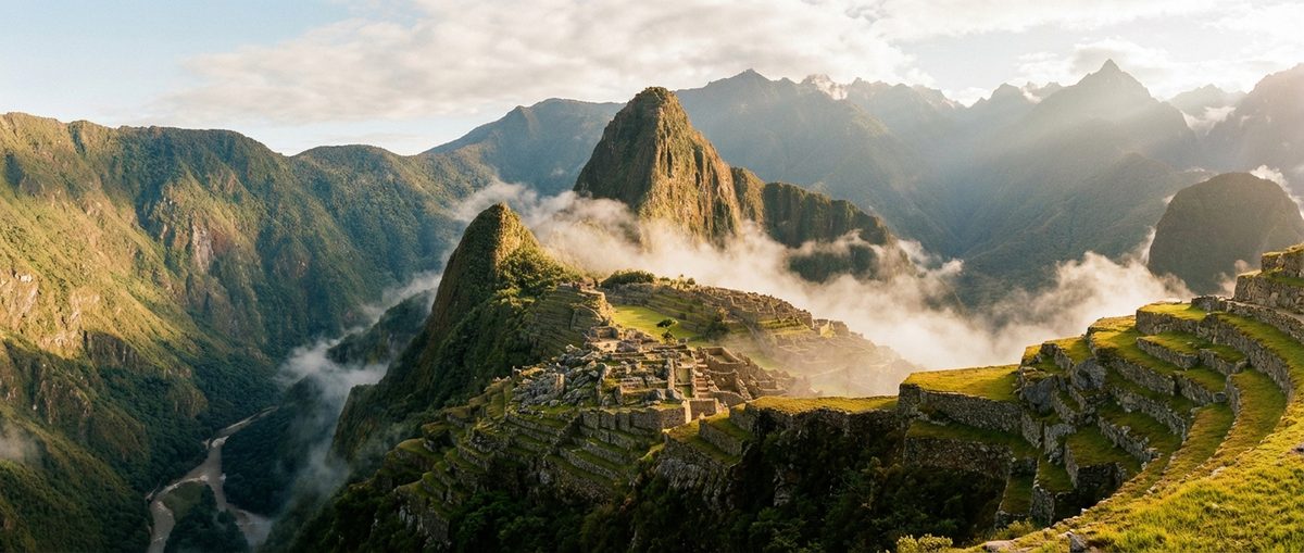 Panoramic view of Machu Picchu at sunrise with golden light and mist in the valleys