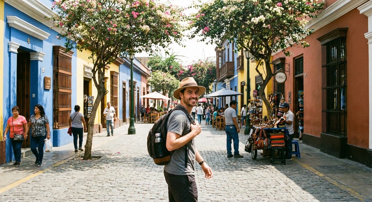 Safe street scene in Lima with tourists