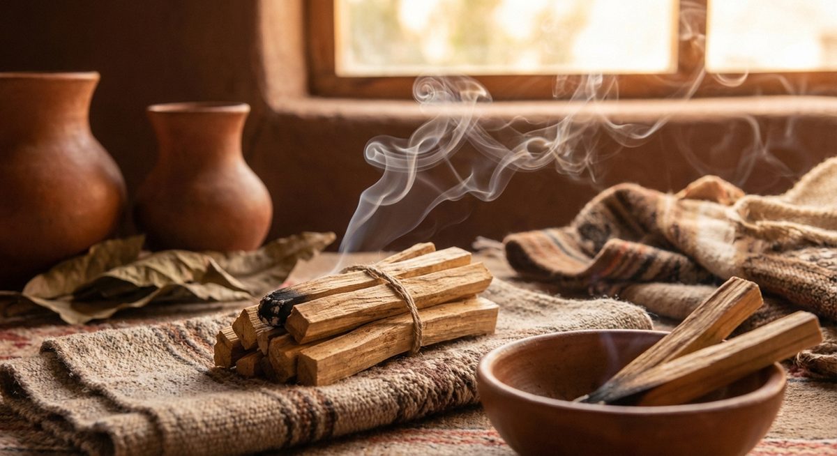 Palo santo wood sticks with smoke wisps