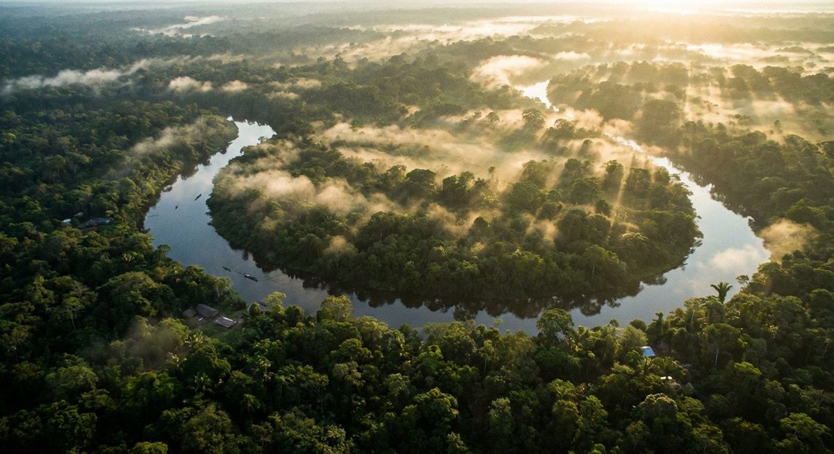Dense Amazon rainforest canopy with river