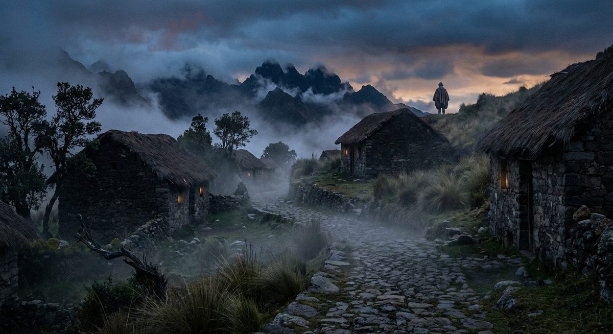 Misty Andean mountain village at dusk