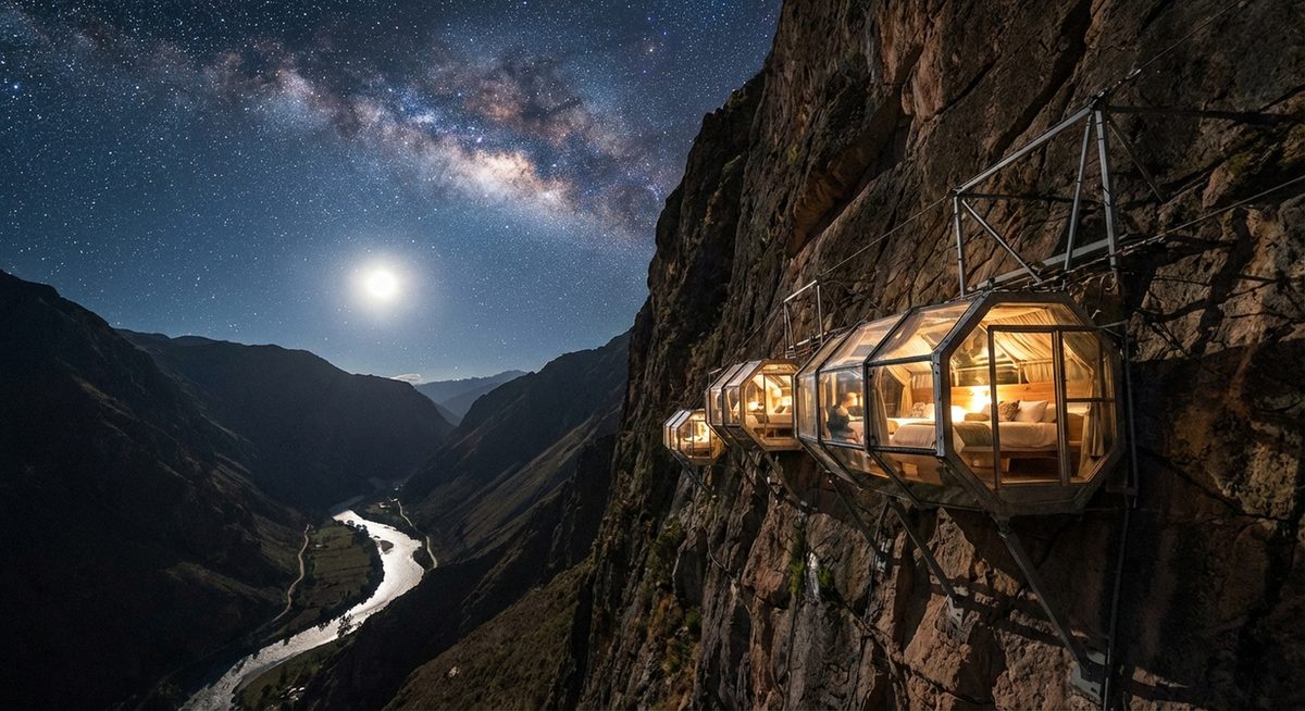 Skylodge transparent pods on a cliff in Sacred Valley