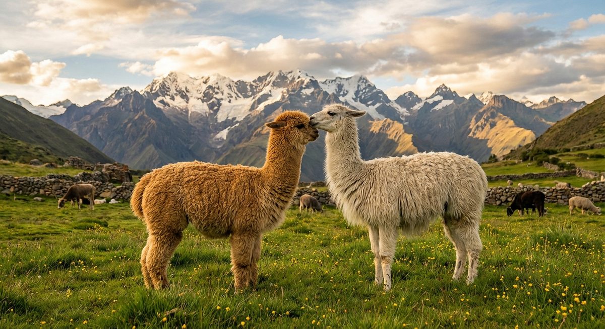 Fluffy alpaca and llama together in a green Andean highland meadow with snow-capped mountains