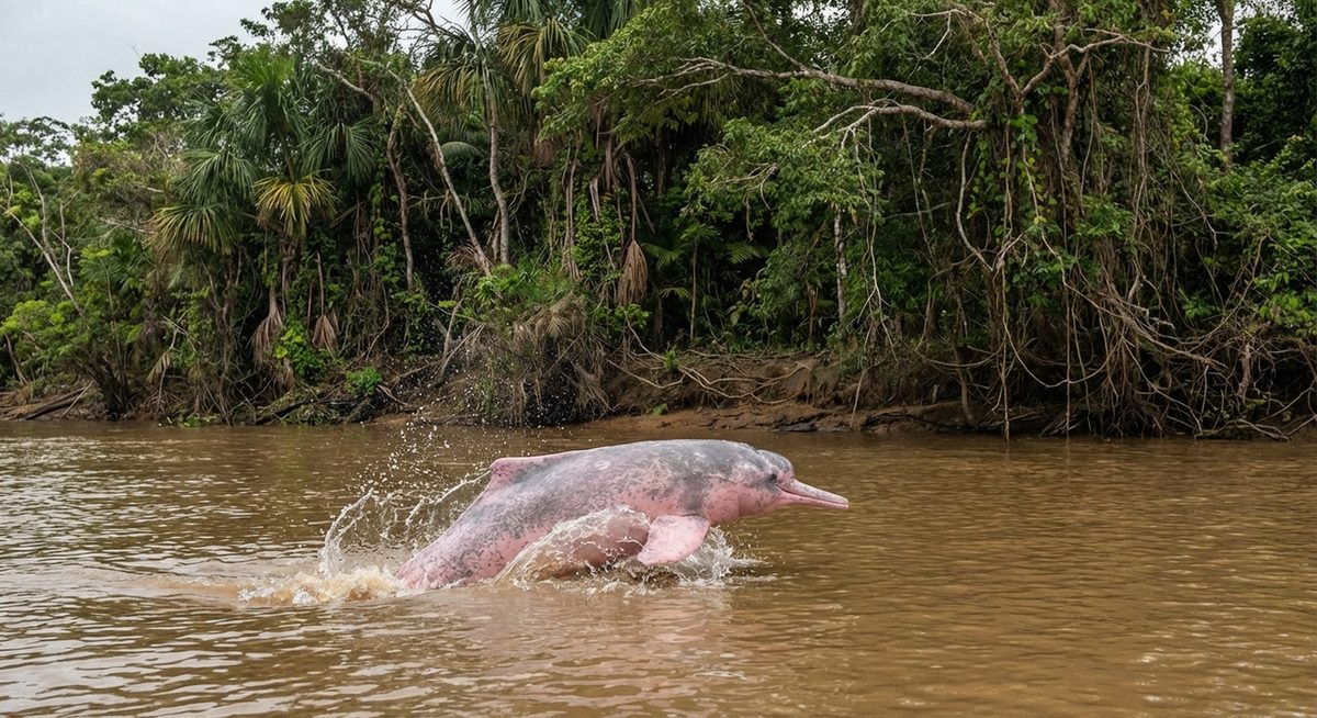 Pink river dolphin swimming in Amazon river water with lush vegetation on the riverbank