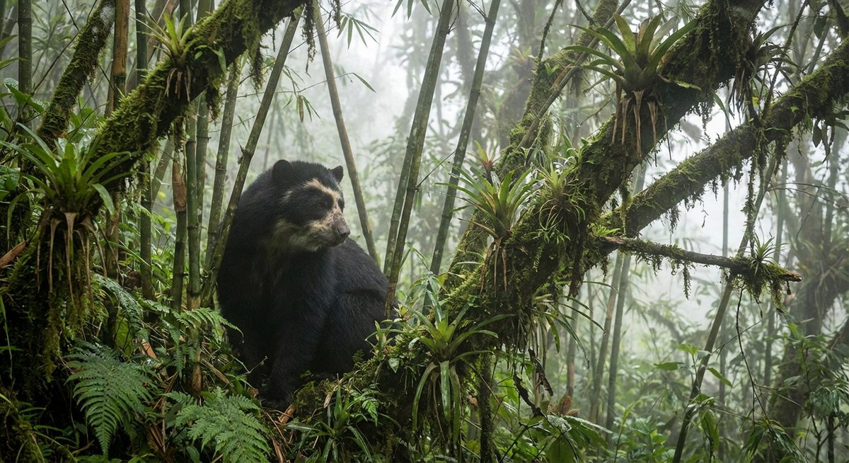 Spectacled bear in a Peruvian cloud forest among bamboo and moss-covered branches