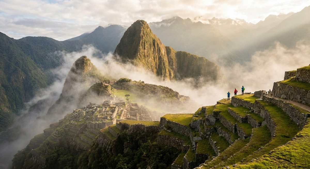 Machu Picchu ruins with dramatic morning mist and Huayna Picchu in the background
