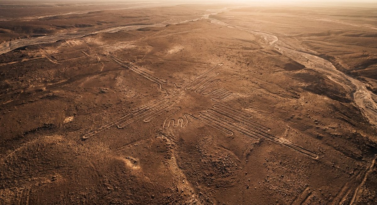 Aerial view of the Nazca Lines hummingbird geoglyph in the Peruvian desert