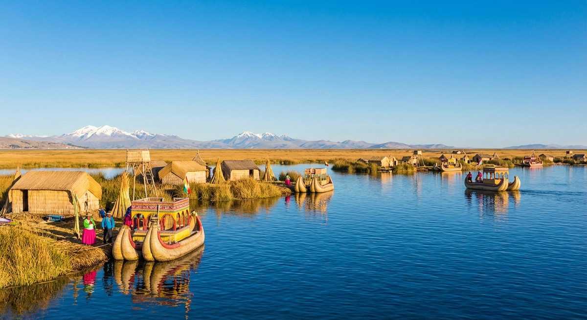 Lake Titicaca with traditional reed floating islands and colorful boats