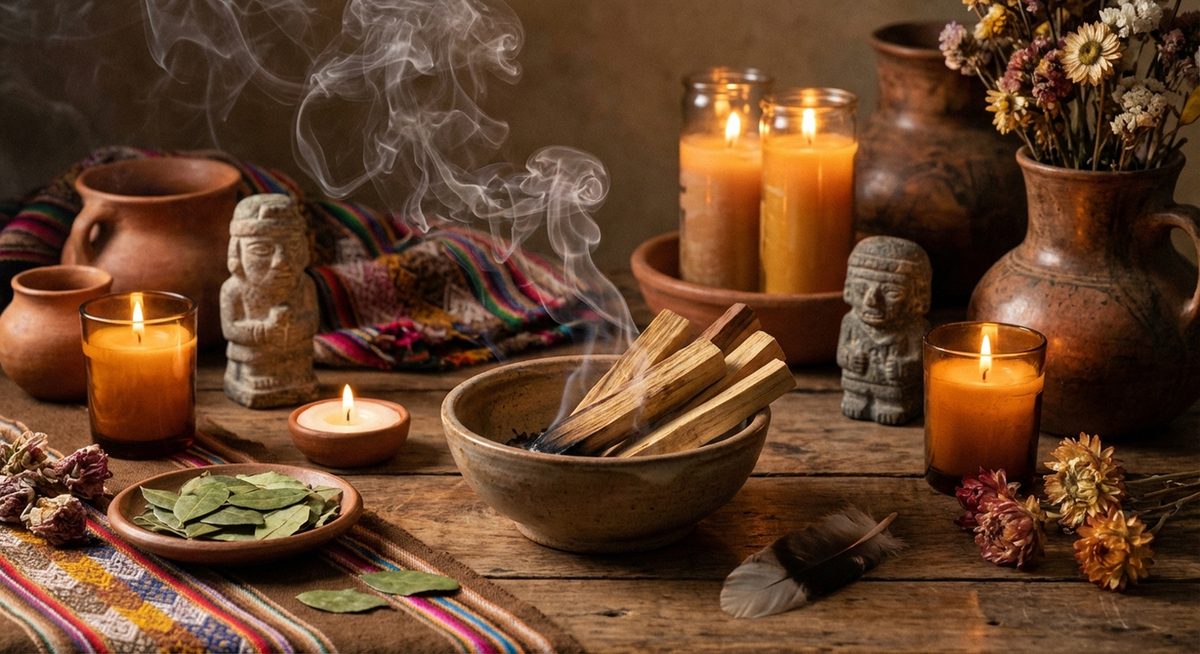 Palo santo wood sticks burning with fragrant smoke in a traditional Peruvian ceremonial setting
