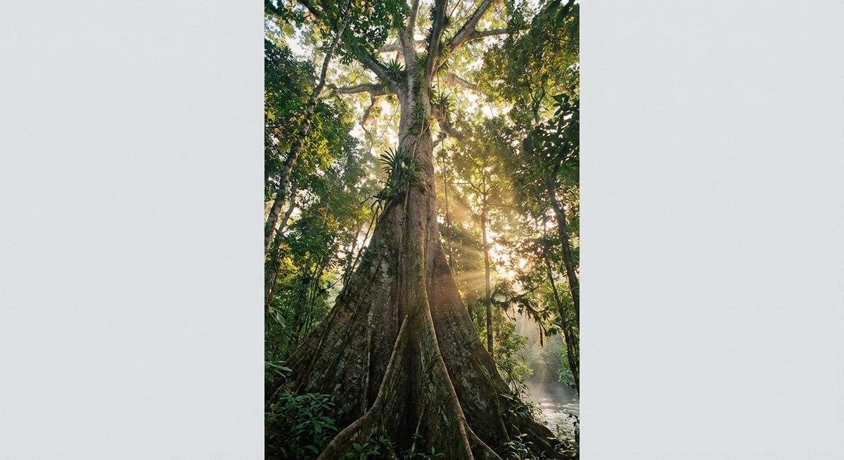 Giant kapok tree towering above the Amazon rainforest canopy with sunlight filtering through