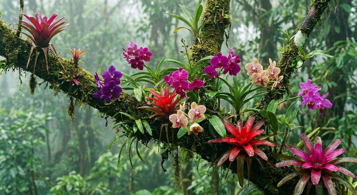 Orchids and bromeliads growing as epiphytes on tree branches in the Amazon rainforest