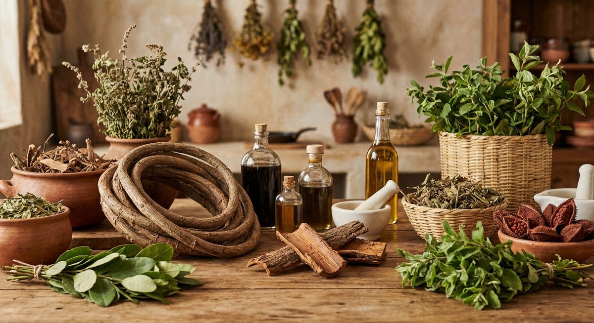 Traditional Peruvian medicinal plants and herbal remedies on a wooden table