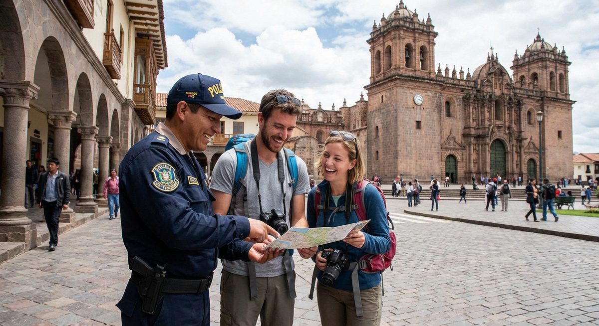 Tourist police helping travelers in Plaza de Armas Cusco Peru with historical buildings
