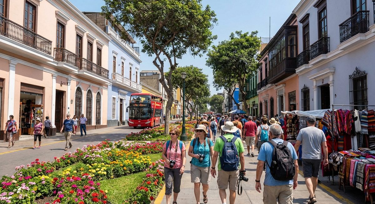 Colorful street in Miraflores Lima Peru with tourists walking safely among colonial architecture